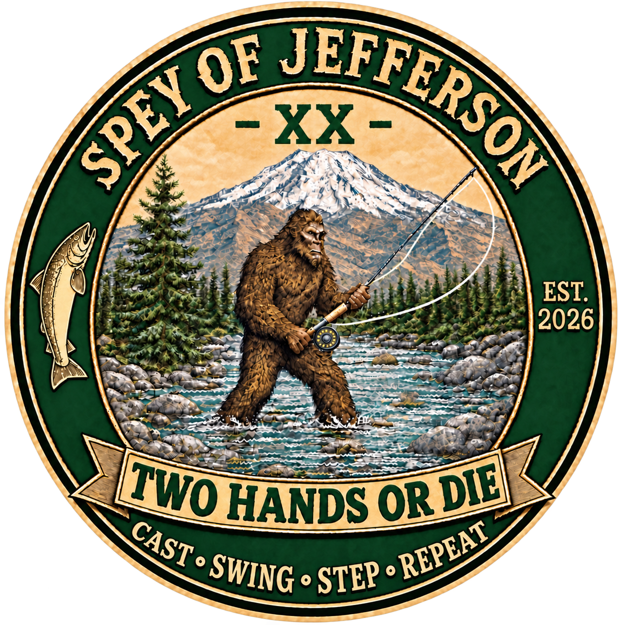Spey of Jefferson: Bigfoot holding a spey rod beneath Mount Shasta, with a steelhead and Est. 2026. Two Hands or Die. Cast, Swing, Step, Repeat.
